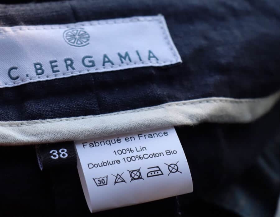 Etiquette de pantalon français fabriqué en France en lin - C.Bergamia