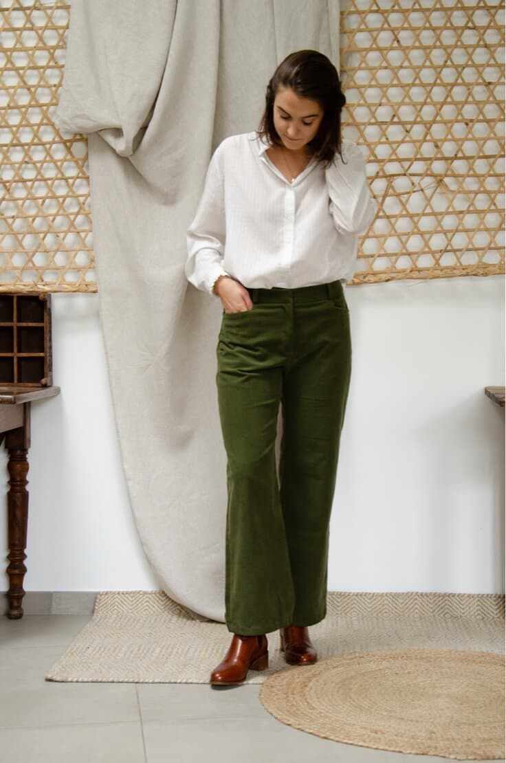 Pantalon Large en velours côtelé vert kaki - Pantalon large femme Hiver4