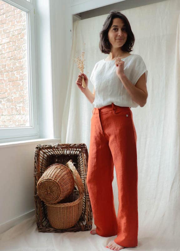 Pantalon ample en lin orange femme - Fabriqué en France par C.Bergamia - 15