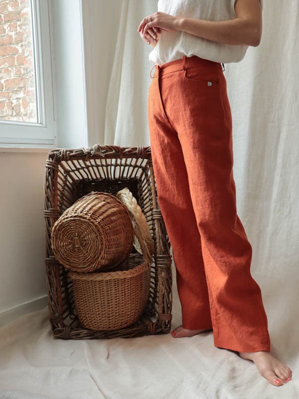 Pantalon large en lin orange femme - Fabriqué en France par C.Bergamia - 4