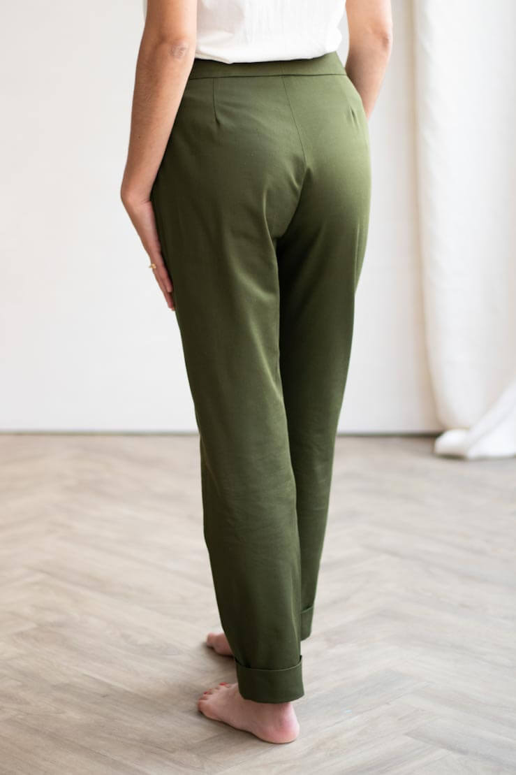 Le Romantique pantalon femme à noeud en coton bio vert - pantalon féminin made in france - C.Bergamia 1