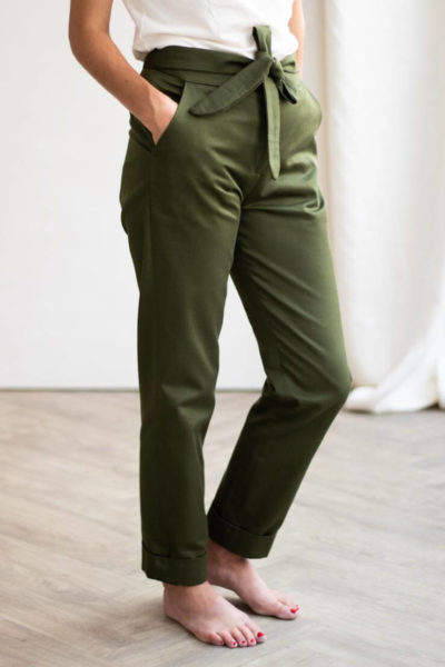 Le Romantique pantalon femme à noeud en coton bio vert - pantalon féminin made in france - C.Bergamia 2