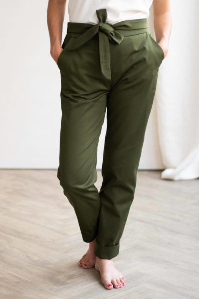 Le Romantique pantalon femme à noeud en coton bio vert - pantalon féminin made in france - C.Bergamia 3