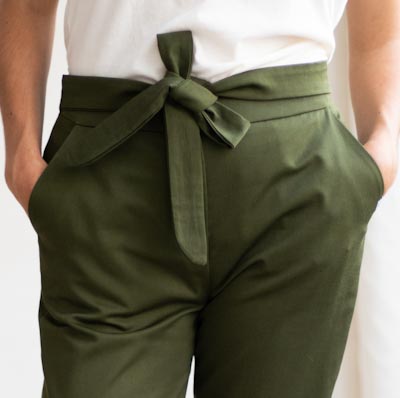 Pantalon taille haute ceinture noeud - Pantalon femme made in france en coton bio - C.Bergamia