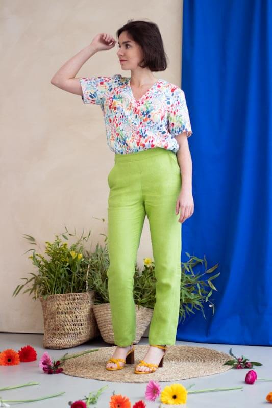 Pantalon slim en lin - L'Elégant fabriqué en France - Lin vert pomme - Lin coloré - 1 (1)